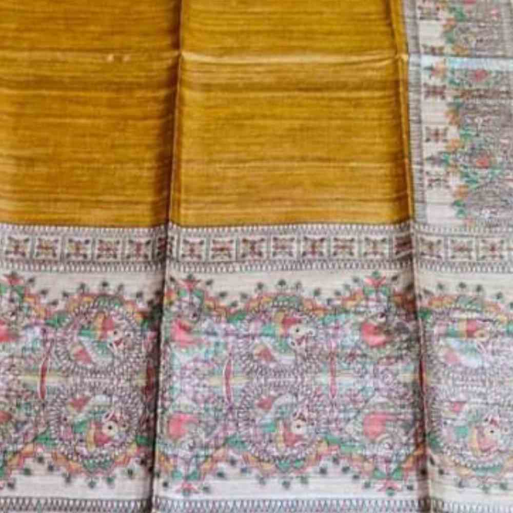 Tussar Saree with Madhubani Bride, Doli, and Kaahar Painting